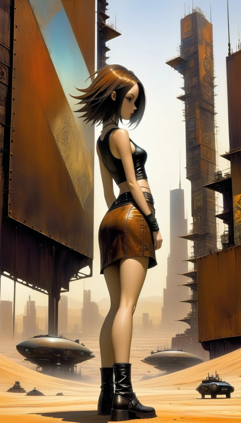 advertising signs in the desert, rusty smooth metal panels with screwed and welded parts, a girl in a leather miniskirt and tight tank top, pronounced nipples, in the distance you can see a futuristic city (art inspired by Dave Mckean, details intricate, oil painting)
