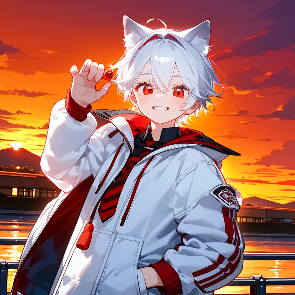 A solo cat boy, With white hair, red eyes, , wearing jacket, bust up!!!!!!!!!,cute boy in school, Holding a candy , smile, sunset