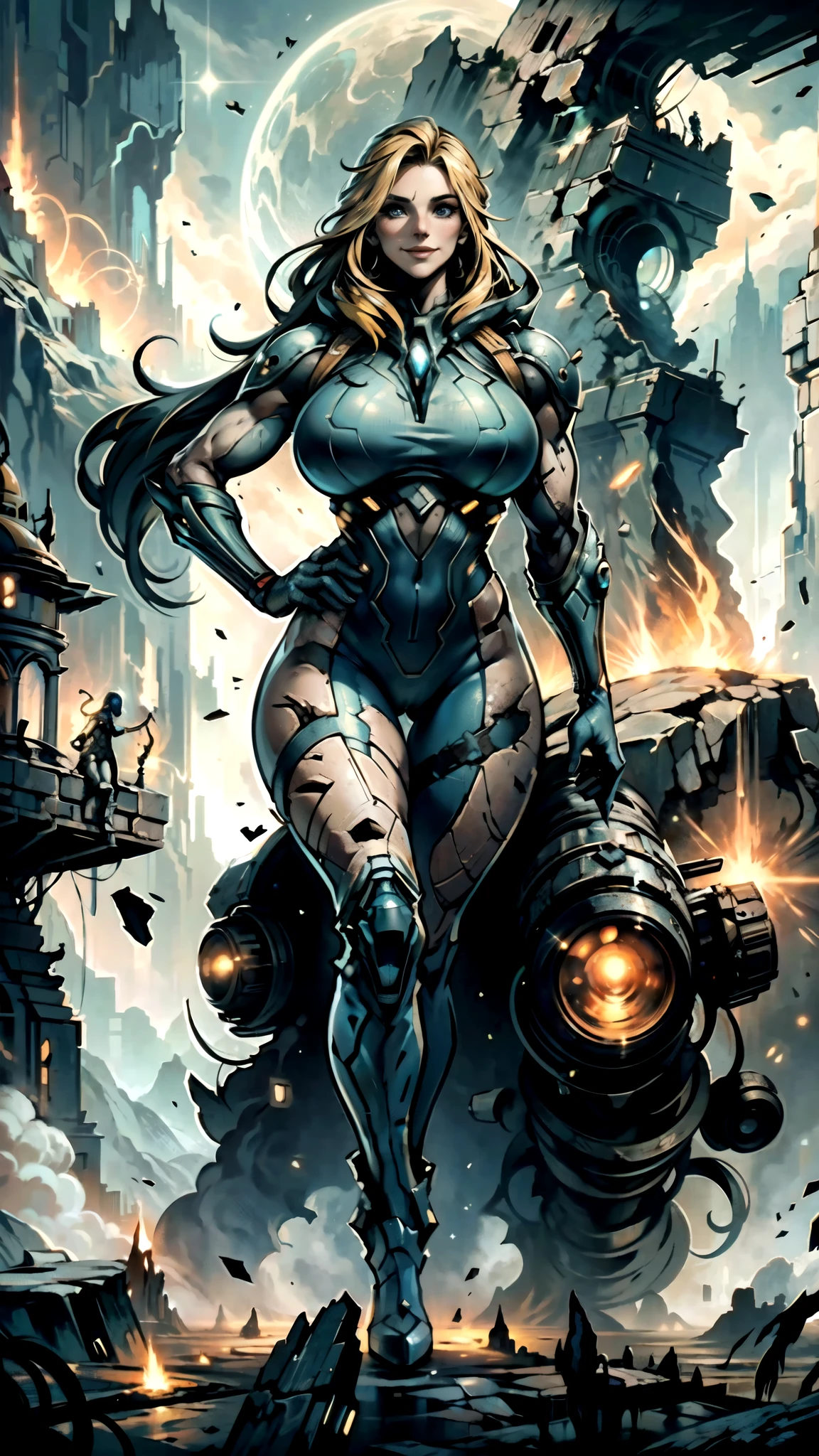 At the top of the mountain and on the edge of the cliff, a muscular blonde woman, with huge ass, showing big breasts completely without clothes, wearing transparent spacesuit, Looking and smiling at the camera, Beautiful feet, face perfect, wearing cyber boots, showing the entire body from the front. Under the cliff, Four spaceships slowly emerge from the ruins of a desolate city built in the desert, Going to the stars, cinematic lighting, melhorar, anáglifo, optical illusion, From above, atmospheric perspective, ultra HD, 8K.