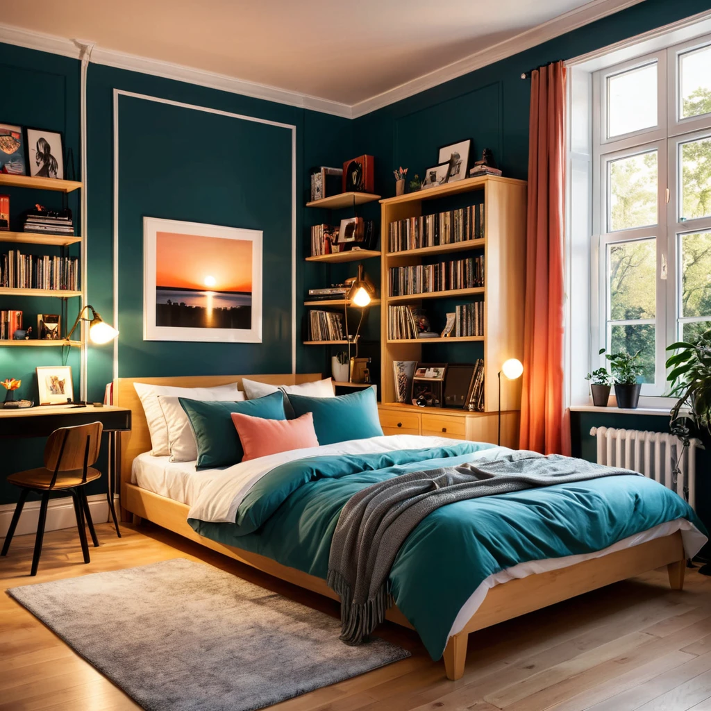 inside of a classic music lover agers room, there is a bed, radiant evening light