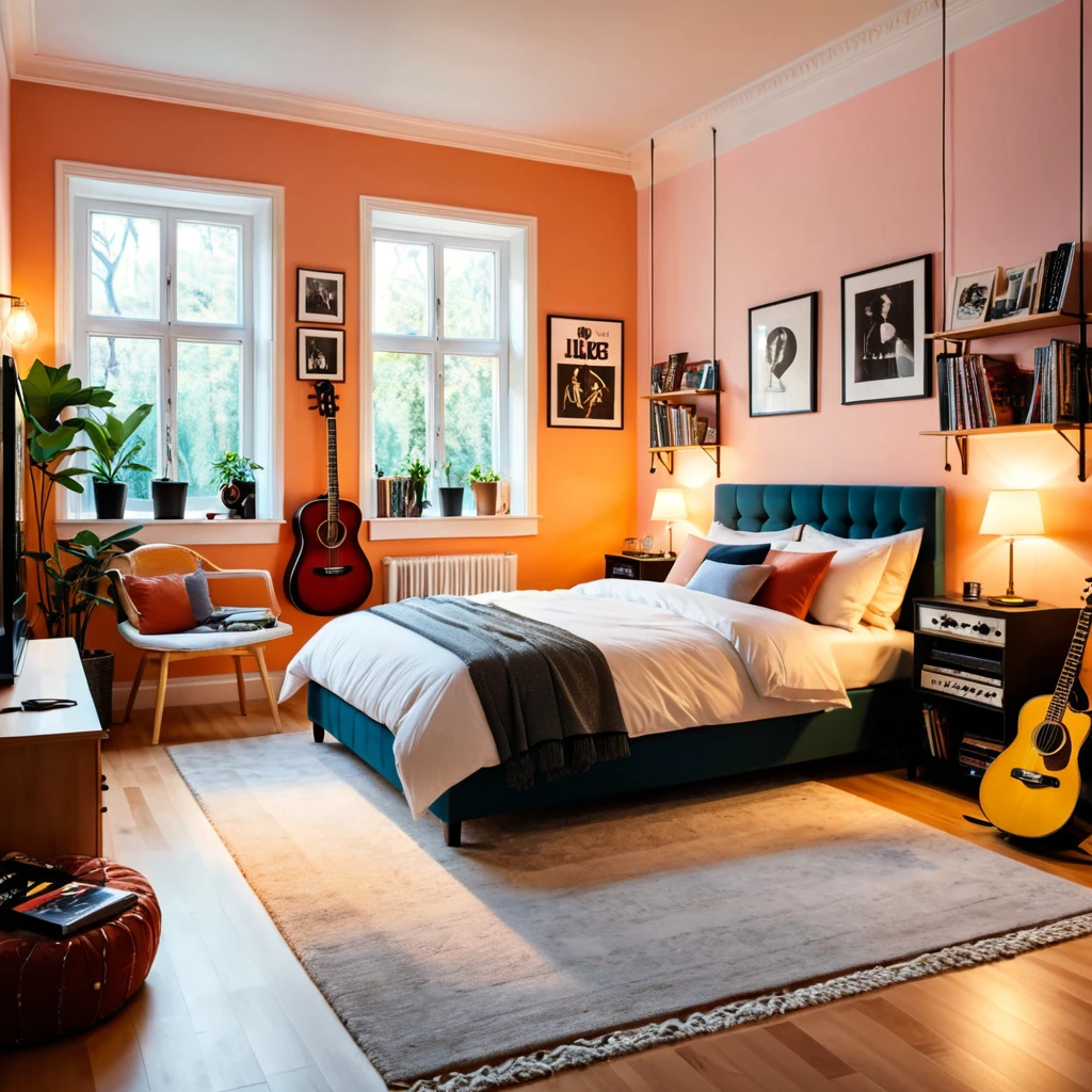 inside of a classic music lover agers room, there is a bed, radiant evening light
