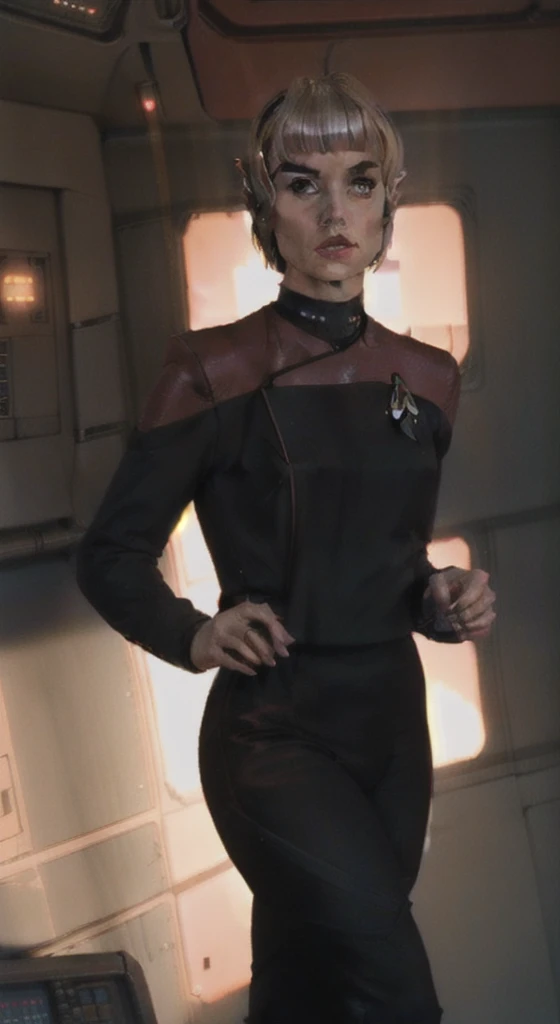 side (bob haircut1:1), vulcan girl, star trek ,  (pcdst red uniform:1.25),black pants pointy ears,borg