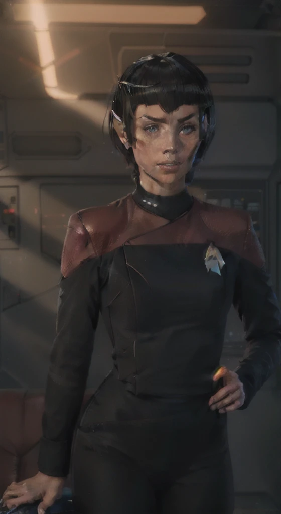 side (bob haircut1:1), vulcan girl, star trek ,  (pcdst red uniform:1.25),black pants pointy ears,borg