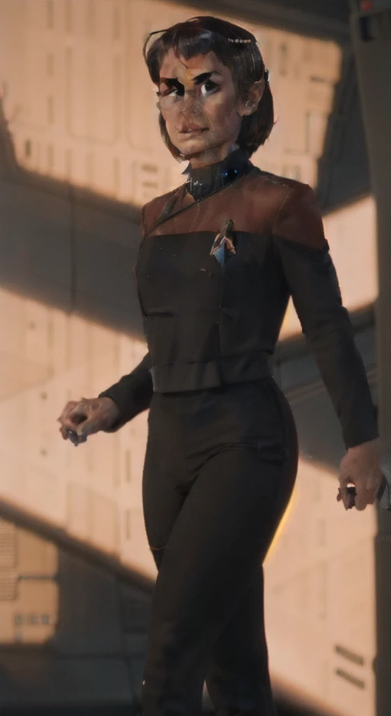 side (bob haircut1:1), vulcan girl, star trek ,  (pcdst red uniform:1.25),black pants pointy ears,borg