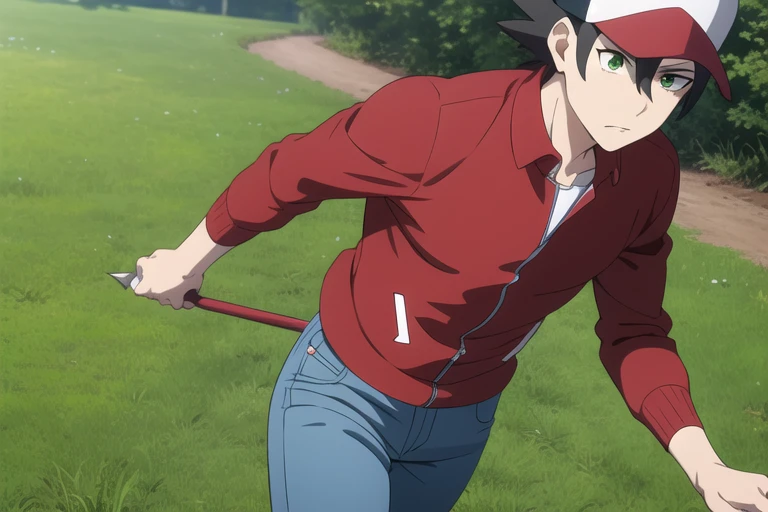 masterpiece, best quality, anime screencap, pokemon, (1male), solo, beautiful detailed eyes, upper body, black hair, green eyes, spiky hair, striding, young , determined, blank BREAK collared shirt, red jacket, white trim, jeans, red and white baseball cap BREAK on a grassy trail, pokeballs