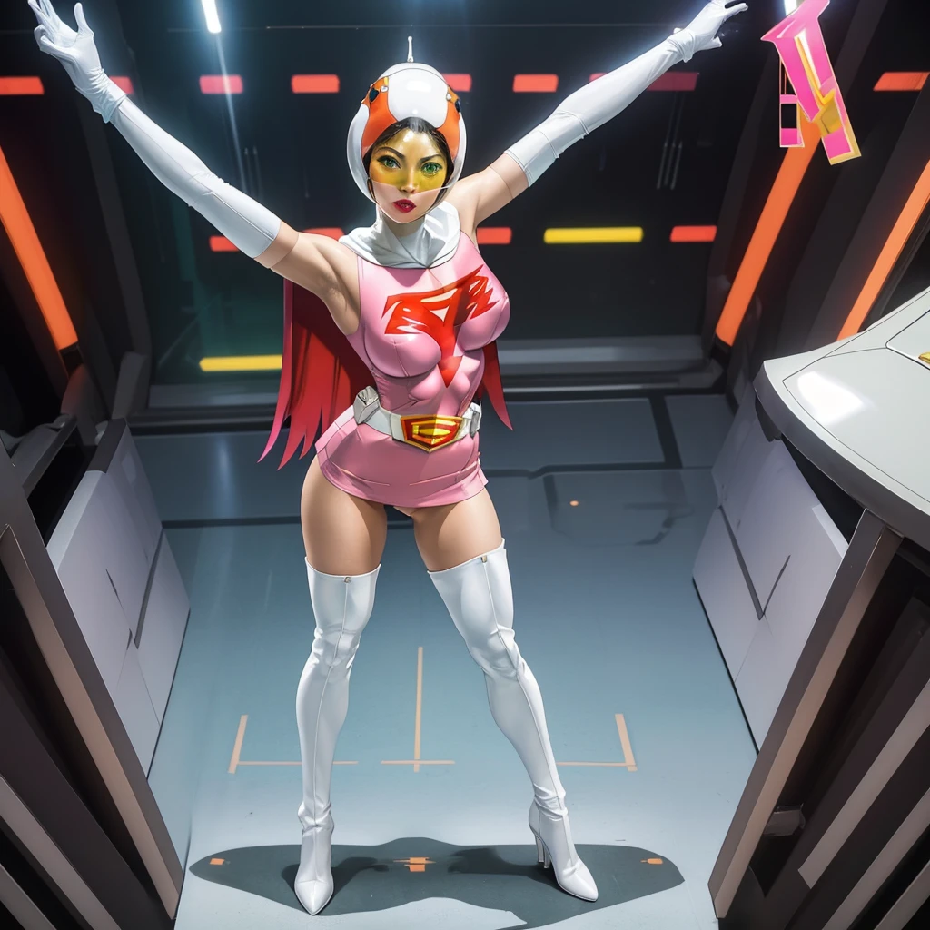 ANI_CLASSIC_jun_gatchaman_ownwaifu,1girl, ,good anatomy, masterpiece, best quality,realistic, hyperrealistic, 16k hdr,breasts,green eyes,lips,large breasts,lipstick,makeup,gloves,cape,helmet,belt,elbow gloves,white gloves,mask,ultra miniskirt,leotard,spacesuit,white tight overknee highheels boots,pink dress,superhero,bodysuit,cleavage,erected nipples,((standing pose,spread legs, arms up straight)),cameltoe