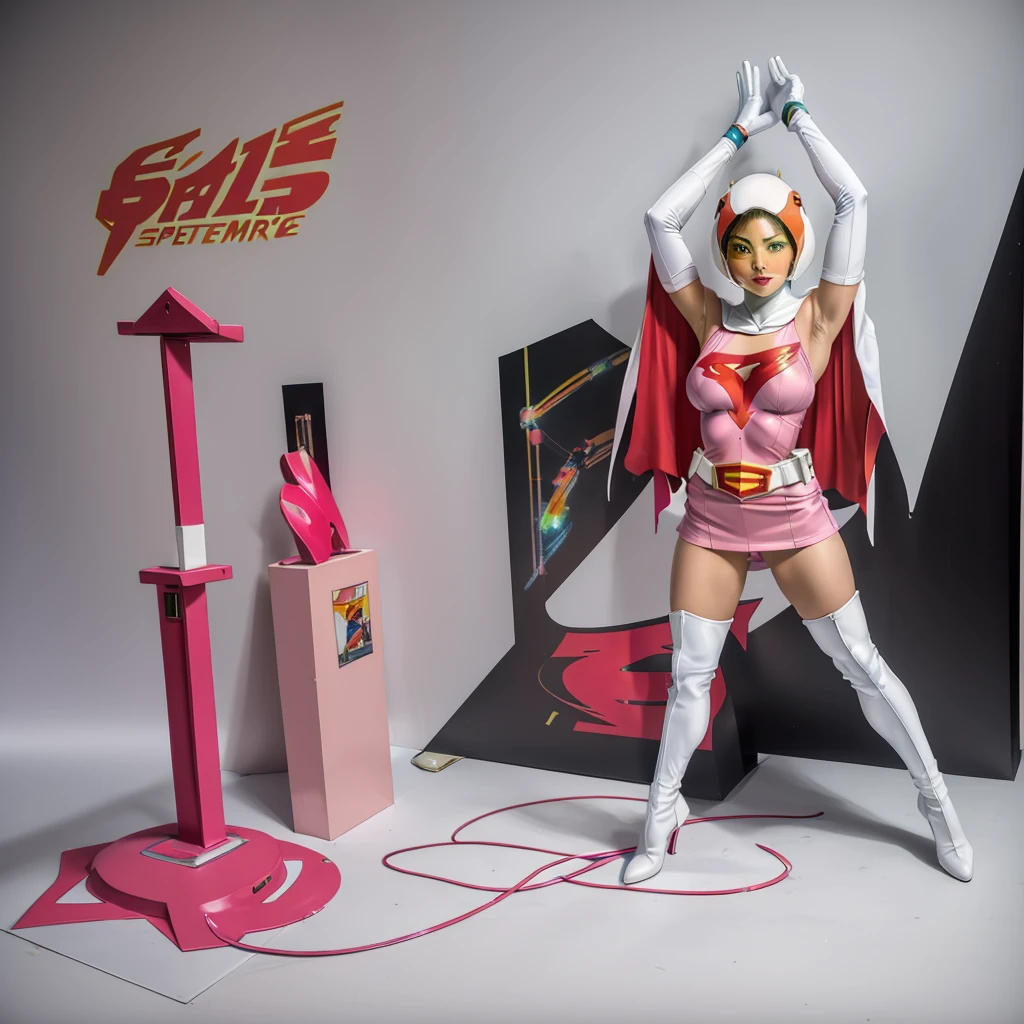 ANI_CLASSIC_jun_gatchaman_ownwaifu,1girl, 15 years old,good anatomy, masterpiece, best quality,realistic, hyperrealistic, 16k hdr,breasts,green eyes,lips,large breasts,lipstick,makeup,gloves,cape,helmet,belt,elbow gloves,white gloves,mask,ultra miniskirt,leotard,spacesuit,white tight overknee highheels boots,pink dress,superhero,bodysuit,cleavage,erected nipples,((standing pose,spread legs, arms up straight)),cameltoe