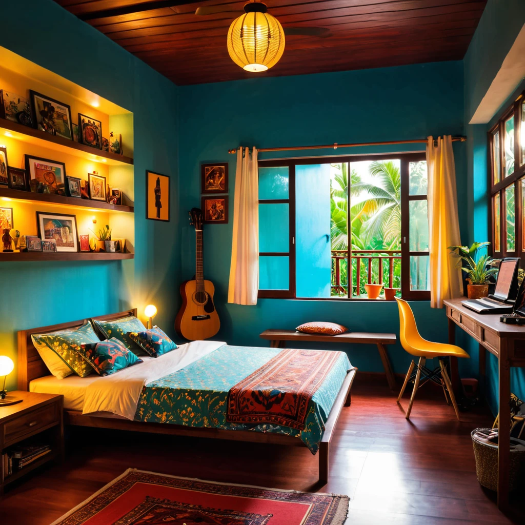 inside of a goa music lover teenagers room, there is a bed, radiant evening light
