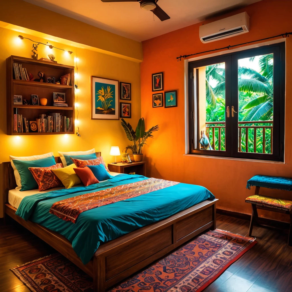 inside of a goa music lover agers room, there is a bed, radiant evening light