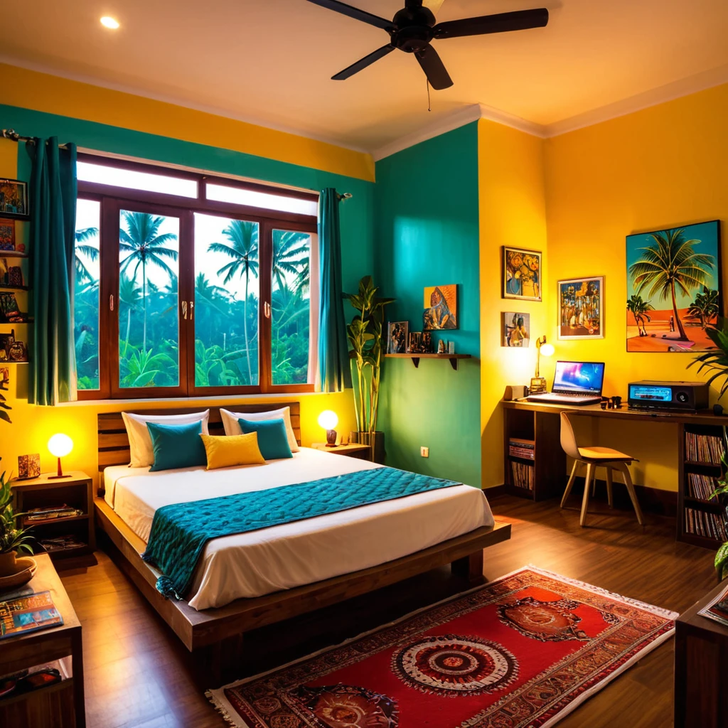 inside of a goa music lover agers room, there is a bed, radiant evening light