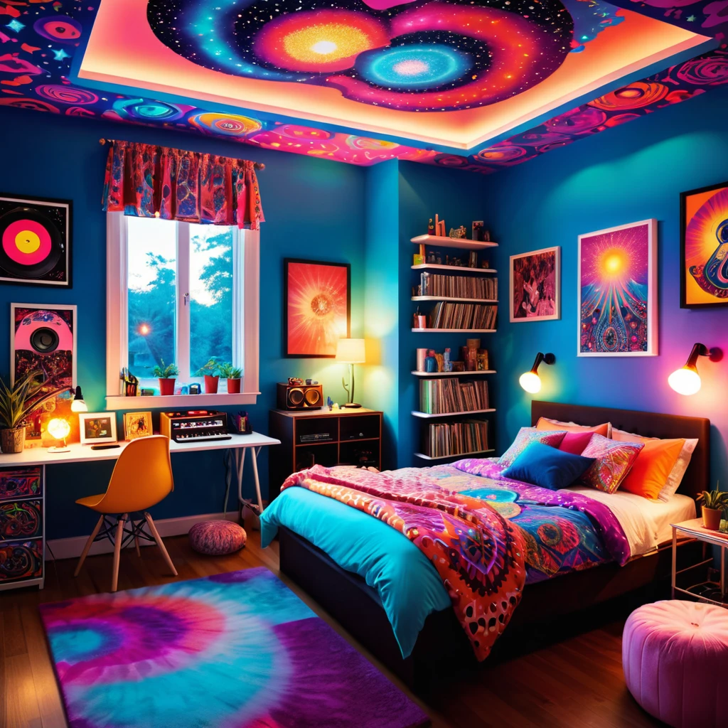 inside of a psychedelic music lover agers room, there is a bed, radiant evening light