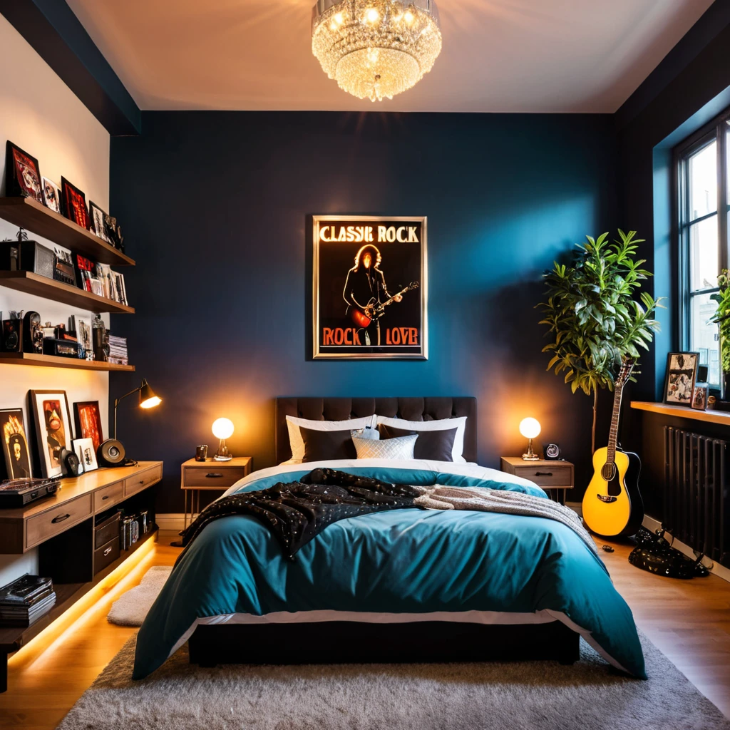 inside of a classic rock music lover teenagers room, there is a bed, radiant evening light
