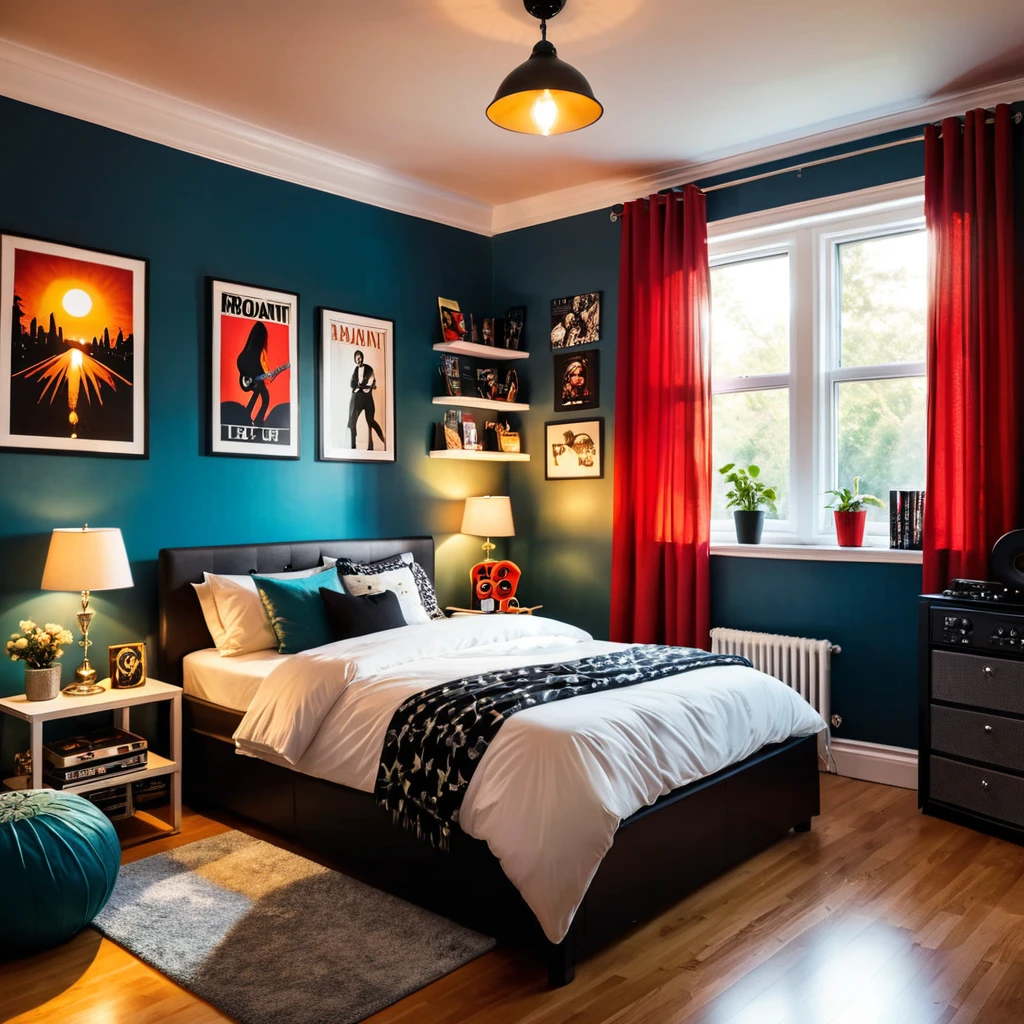 inside of a classic rock music lover teenagers room, there is a bed, radiant evening light