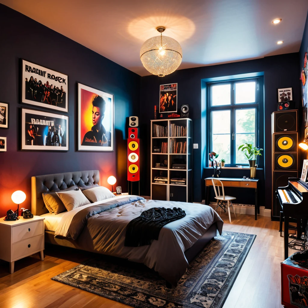 inside of a classic rock music lover teenagers room, there is a bed, radiant evening light