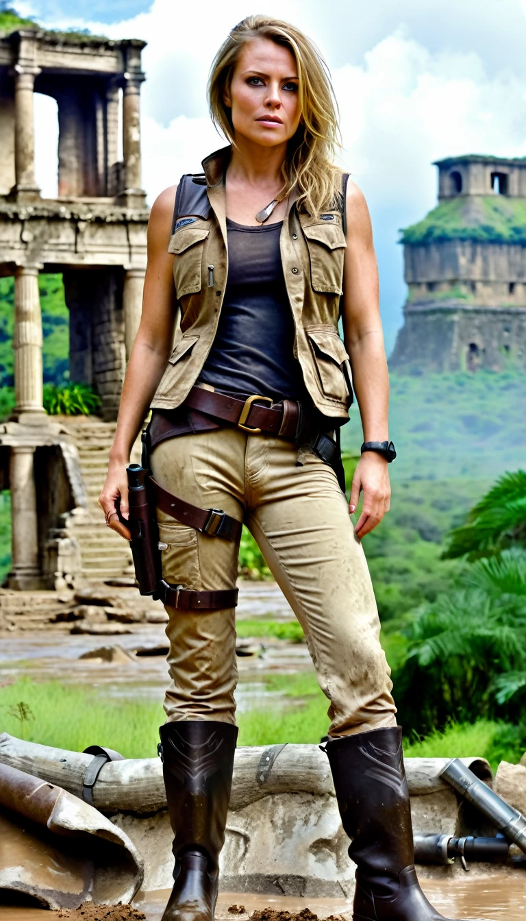 photorealistic woman, age 40, european, long dirty blonde hair,muddy skin, olive top, khaki hot pants, ankle brown leather boots, explorer vest,weapon holster with Colt, in front of ancientjungle ruin, raw photo cinematic material, masterpiece, wideview, high detailed,high quality 