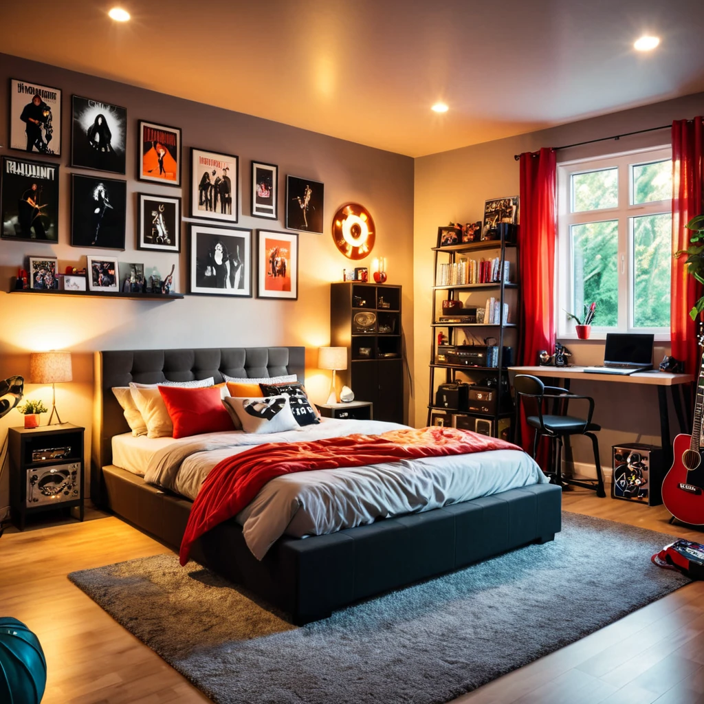 inside of a rock music lover teenagers room, there is a bed, radiant evening light
