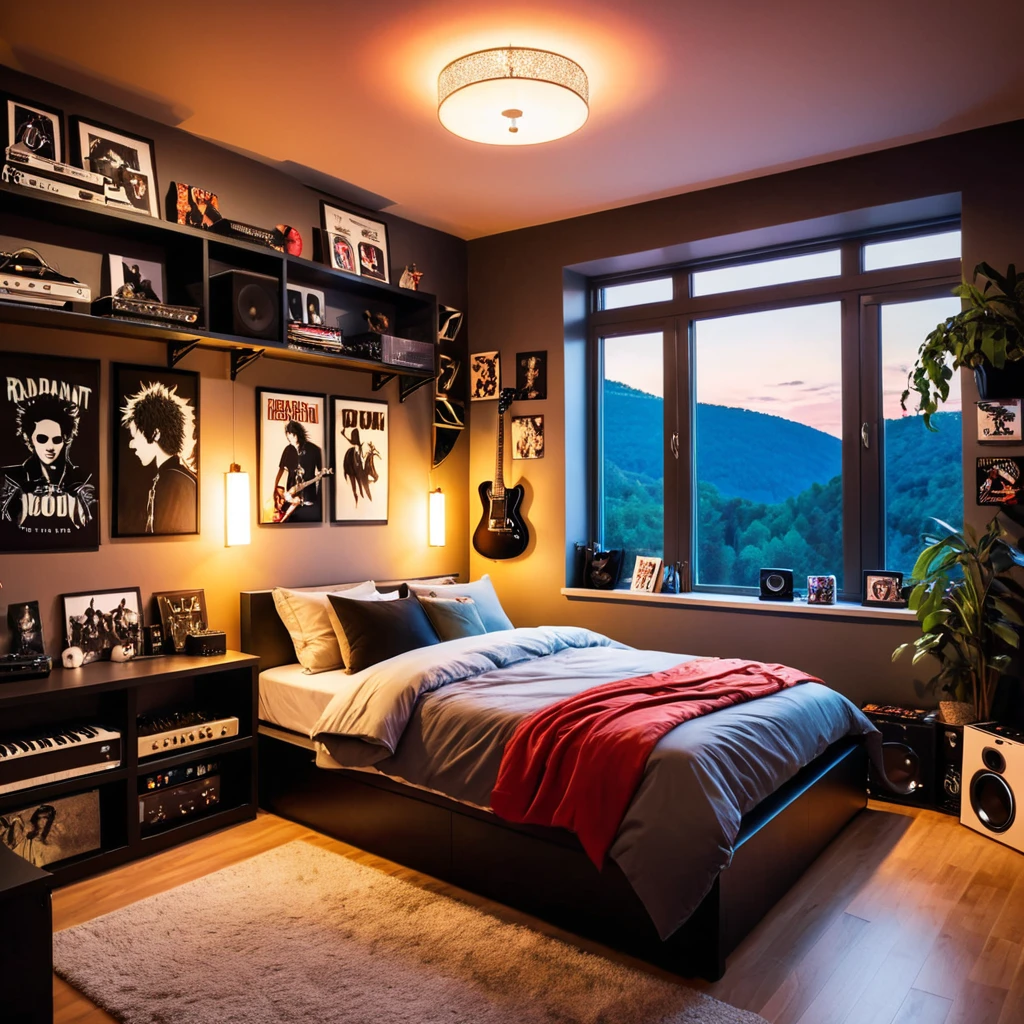 inside of a rock music lover teenagers room, there is a bed, radiant evening light
