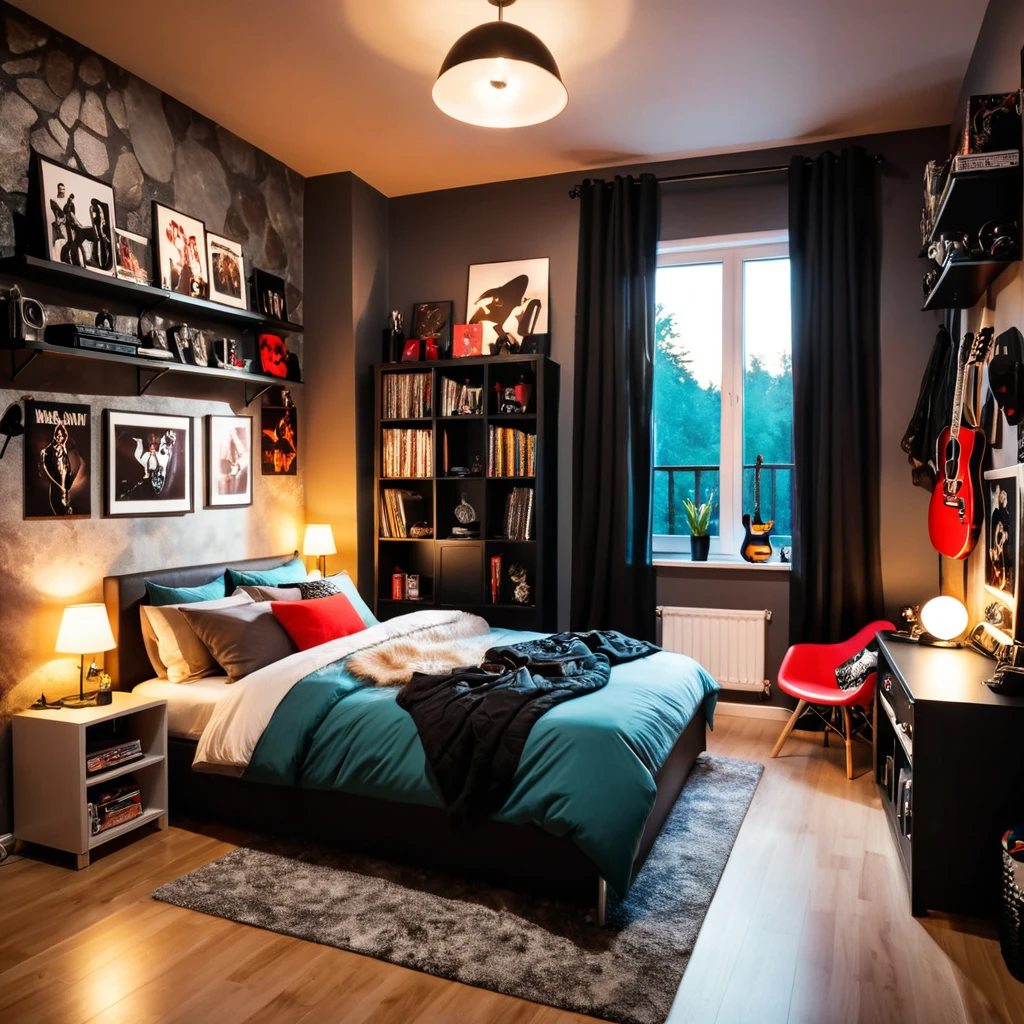 inside of a rock music lover teenagers room, there is a bed, radiant evening light
