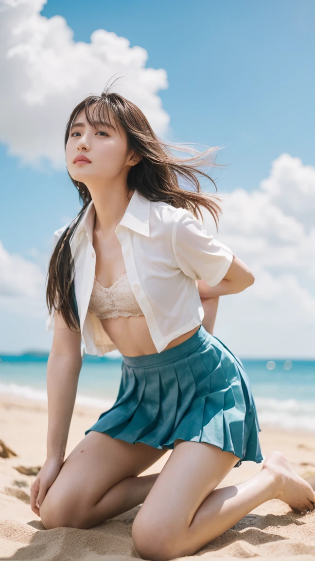 (((Top-down configuration:1.33)))、(((A strong wind is blowing、Her hair and skirt are flying、Kneel, Open shirt:1.68、Pleated skirt、Leaning forward:2.25)))、((No underwear:1.55))、One Girl、Beautiful and detailed eyes and face、barefoot、20 year old cute Japan woman, ((Extremely precise and accurate anatomy:1.0)), (photo Realistic:1.4), (hyper Realistic:1.4), (最高品質のRealisticな肌の質感:1.4), (Improvement of quality:1.4), (Enhances the beauty of skin texture:1.1), Clean and glowing skin, mesh, thin:1.2, (Realistic:1.3), Realisticなライティング, (Smoother lighting:1.05), (Improving the quality of cinema lighting:0.9), Backlight, A gentle light shining on your face, Ray Tracing, (Bright light:1.2), 32k, One Japanese woman, fine grain, Detailed face, (Film Grain:1.1),(Accentuates body lines:1.1), High resolution, Natural look, Kind eyes, Improves hair quality, Delicate light and shadow, Transparent muscle, Graceful pose, Beautiful Eyes, Sharp details, Soft light reflection, Beautiful contours, Delicate skin tone, Fine hair texture, Natural background, sunny day、Beach、splash、Sandy Beach、Light of the sun、clear blue sea、The waves crash quietly、Blue sky and white clouds、green mountain々、Beautiful Nature、The joy of youth
