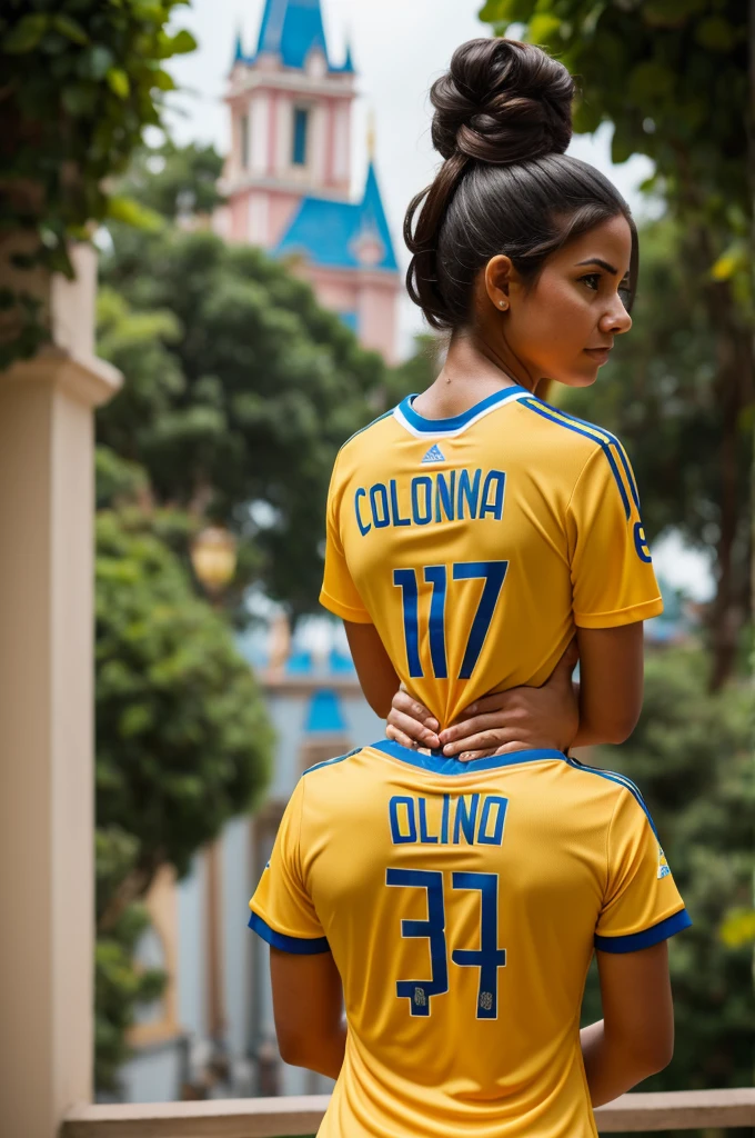 Create an image of a couple that has the.names Santiago Valentina on the Colombia national team shirt