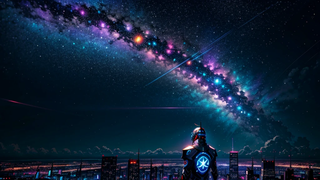 ((Nighttime psychedelic shooting star Sky))、man wearing a crusader armour looking at big city landscape, futuristic cyber City wallpaper 8K, anime art wallpaper 8K, wallpaper 8K, inspired by Cyril Rolando, in the style dan mumford artwork, amazing wallpapers, by Yuumei