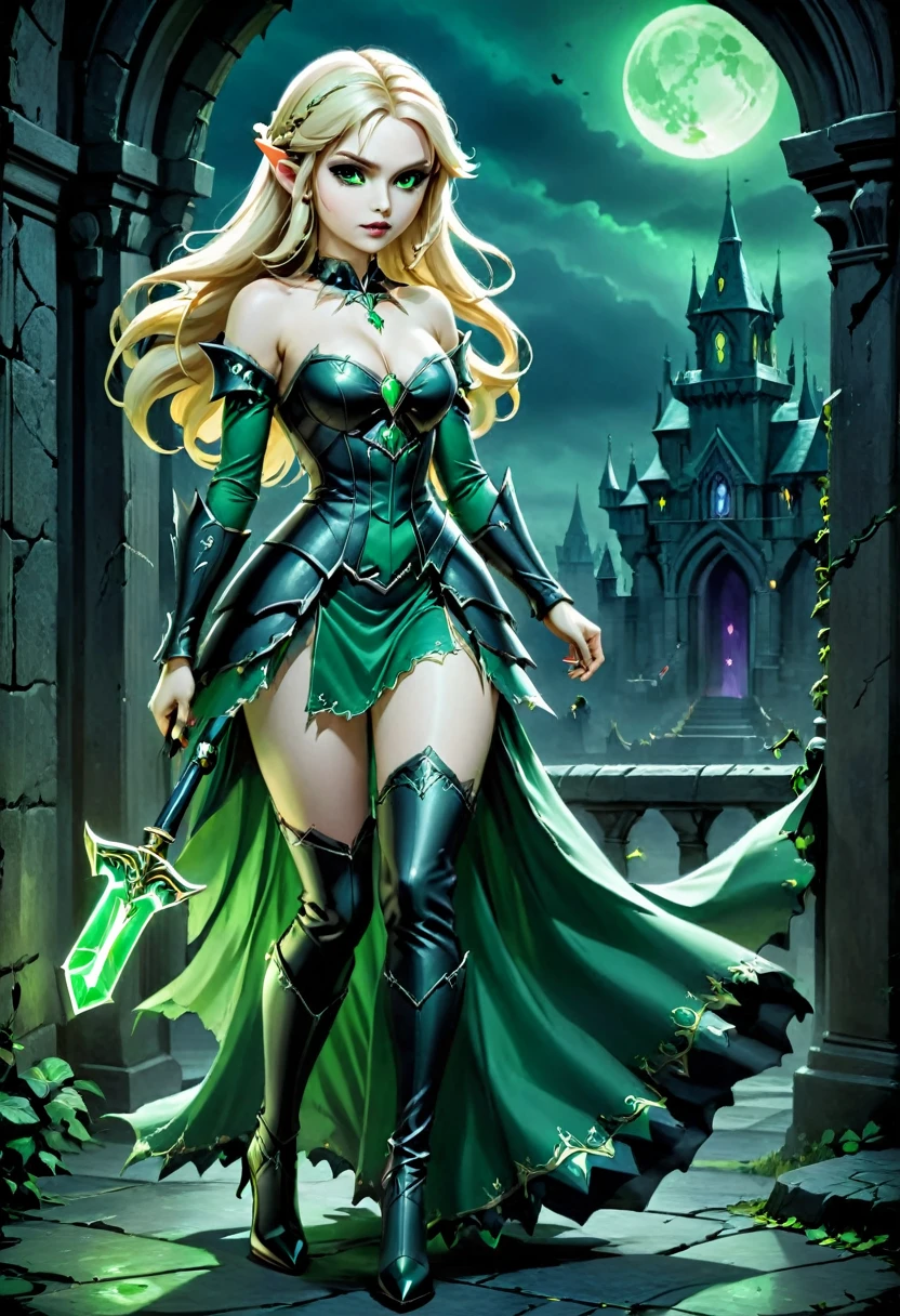 Dark fantasy art, fantasy art, goth art, a picture of the elf Princess Zelda as vampire, exquisite beauty, full body shot, dark glamour shot, pale white skin, blond hair, long hair, wavy hair, (glowing green: 1.3) eyes, she wears a (green: 1.3) intricate armor, thigh high heels, , ArmoredDress, the roses are imprinted on the dress (black: 1.4) black roses betmd, high heells, dark castle porchm, dark, black and colorm, Dark Art Painting Style