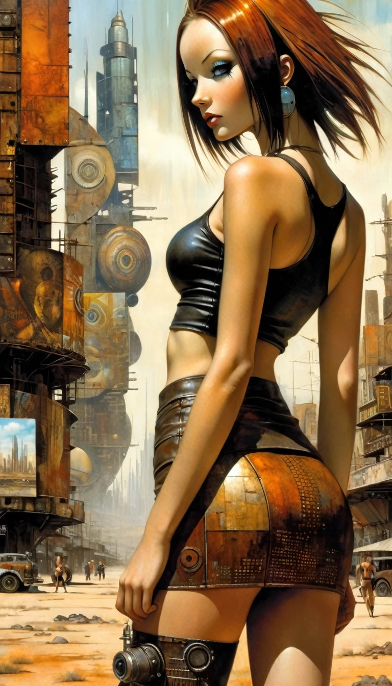 advertising signs in the desert, rusty smooth metal panels with screwed and welded parts, a girl in a leather miniskirt and tight tank top, pronounced nipples, in the distance you can see a futuristic city (art inspired by Dave Mckean, details intricate, oil painting)
