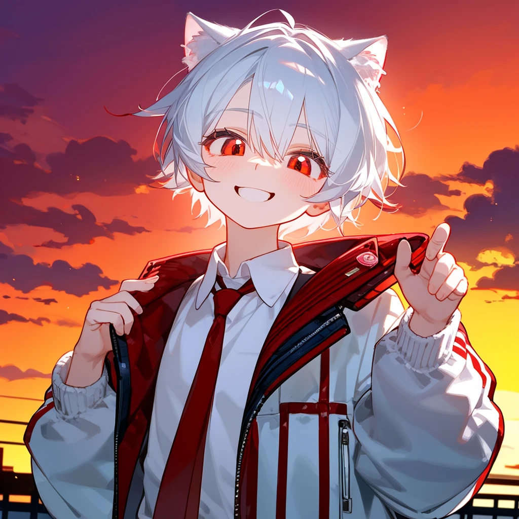 A solo cat boy, With white hair, red eyes, , wearing jacket, bust up!!!!!!!!!,cute boy in school, Holding a candy , smile, sunset