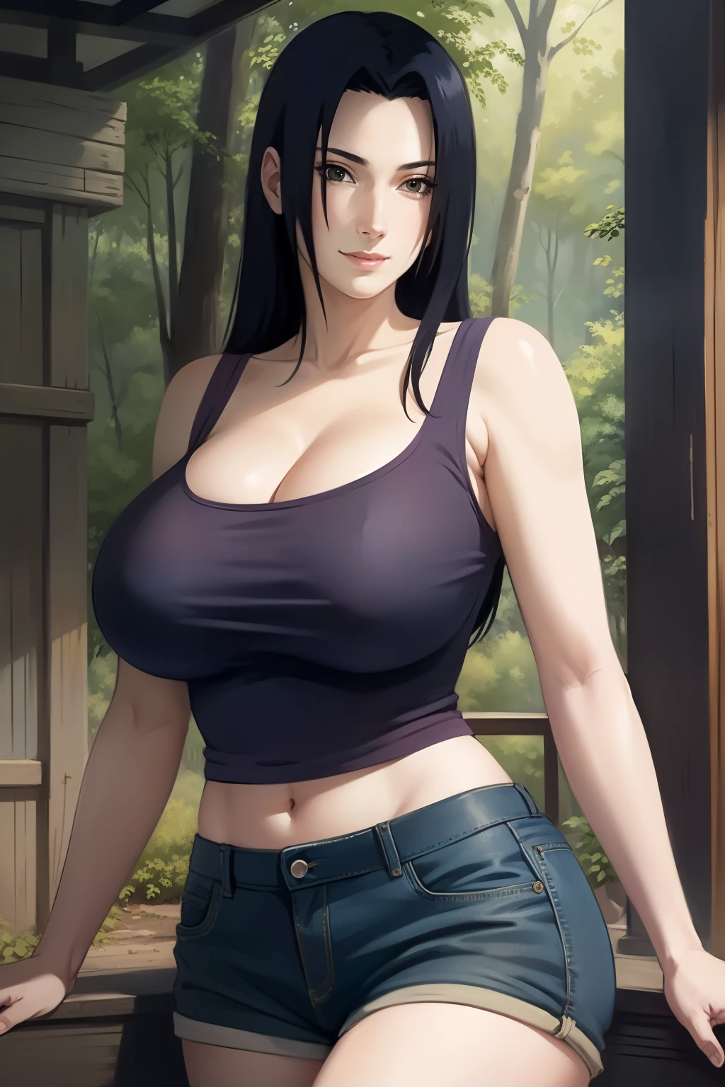 Mikoto Uchiha, oil painting, ultra-detailed, realistic, portrait, vivid colors, soft lighting, (best quality,4k,8k,highres,masterpiece:1.2), (big round breasts:1.5), professional, long black hair, black eyes, beautiful detailed eyes and face, extremely detailed smile, long eyelashes, looking at viewer, very short top, big ass, bare shoulders, white shorts, outdoors, forest, cowboy shot, clavicle.