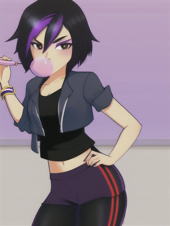 gogotomago, 1girl, solo, short hair, black hair, jewelry, jacket, lo purple hair, shorts, bracelet, makeup, casual, cropped jacket, leggings, sleeves pushed up, capri pants, black leggings, brown eyes, medium breasts, (blowing bubble gum),
