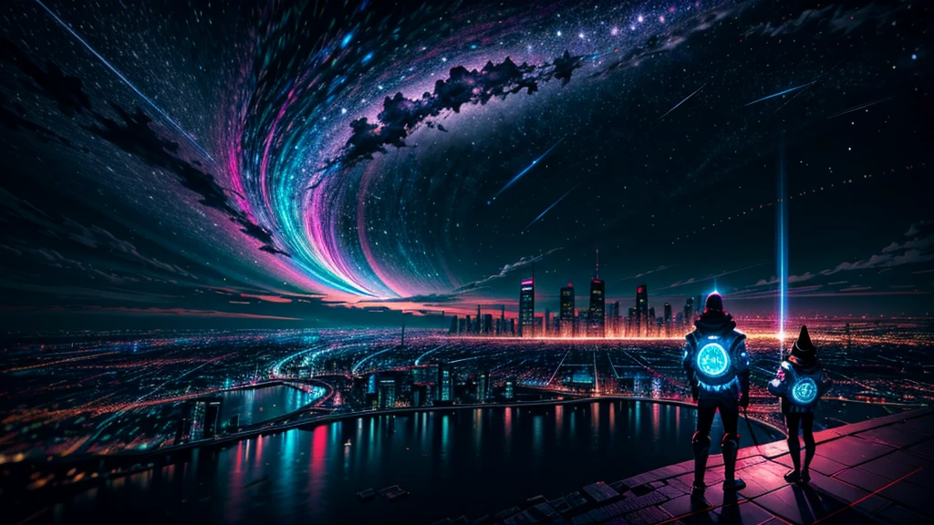 ((Nighttime psychedelic shooting star Sky))、man wearing a crusader armour looking at big city landscape, futuristic cyber City wallpaper 8K, art wallpaper 8K, wallpaper 8K, inspired by Cyril Rolando, in the style dan mumford artwork, amazing wallpapers, by Yuumei