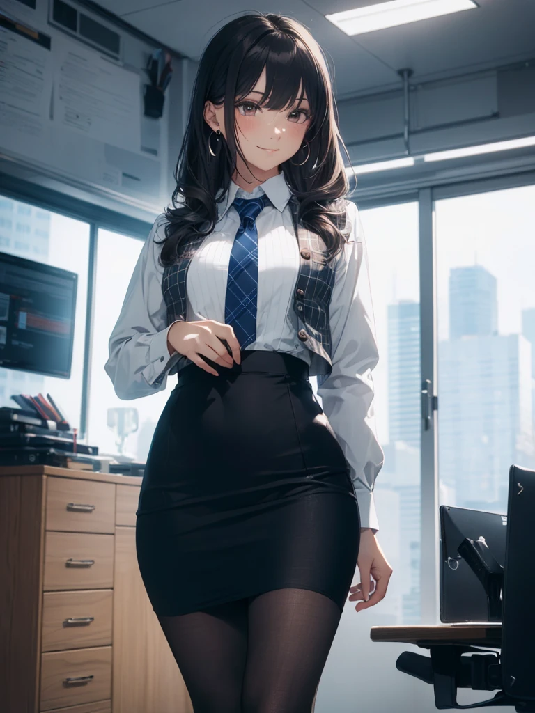 ((((1ladyl,)))) (masterpiece), (realistic), (best quality), (ultra-detailed), amazing 30 years old wife, pantyshot, long brown hair, office lady, Wearing a pink plaid vest, White short sleeved shirt, Gray pencil skirt, Wear stiletto heels, Necklace, earrings, Cute face, Smile, Blushing, Shyness, Glass wall, Ultra Detail, Realistic, Front view, Whole body, (wearing in [[white and gray check pattern]] Vest worn over white collared long-sleeved shirt:1.4), (gray vest with buttons:1.2), (Pink Theme:1.2), (blue ribbon ribbon:1.3), (Black theme:1.4), (Tight black pencil skirt:1.5), ((Brown pantyhose)), (high-heels:1.1),longskirt,office desk, office chair,Lulubre Unity 8K Wallpaper, Beautiful background, clearly, Best Quality, The highest resolution, Best aesthetic,extremely detailed CG unity 8k,
