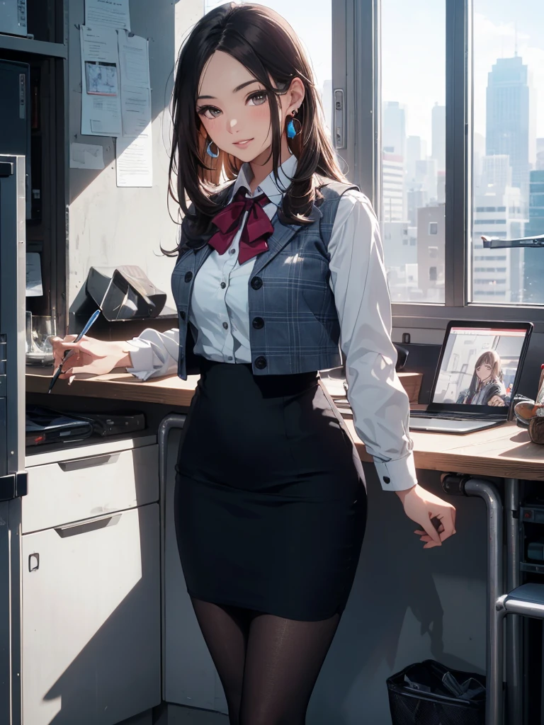 ((((1ladyl,)))) (masterpiece), (realistic), (best quality), (ultra-detailed), amazing 30 years old wife, pantyshot, long brown hair, office lady, Wearing a pink plaid vest, White short sleeved shirt, Gray pencil skirt, Wear stiletto heels, Necklace, earrings, Cute face, Smile, Blushing, Shyness, Glass wall, Ultra Detail, Realistic, Front view, Whole body, (wearing in [[white and gray check pattern]] Vest worn over white collared long-sleeved shirt:1.4), (gray vest with buttons:1.2), (Pink Theme:1.2), (blue ribbon ribbon:1.3), (Black theme:1.4), (Tight black pencil skirt:1.5), ((Brown pantyhose)), (high-heels:1.1),longskirt,office desk, office chair,Lulubre Unity 8K Wallpaper, Beautiful background, clearly, Best Quality, The highest resolution, Best aesthetic,extremely detailed CG unity 8k,
