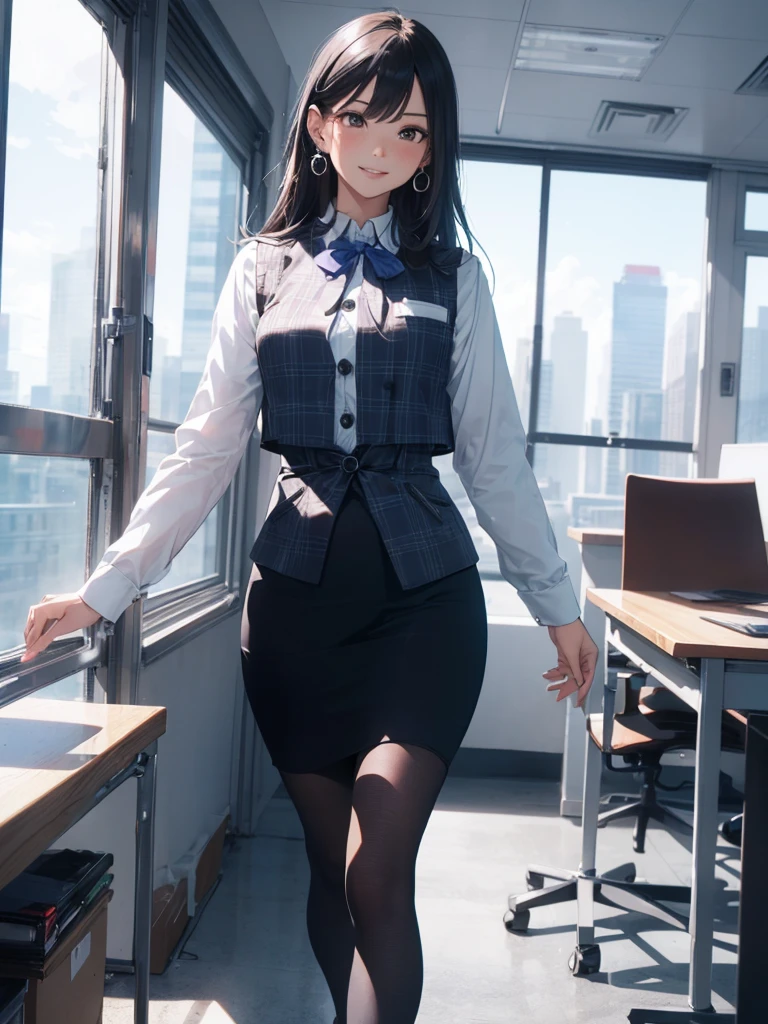 ((((1ladyl,)))) (masterpiece), (realistic), (best quality), (ultra-detailed), amazing 30 years old wife, pantyshot, long brown hair, office lady, Wearing a pink plaid vest, White short sleeved shirt, Gray pencil skirt, Wear stiletto heels, Necklace, earrings, Cute face, Smile, Blushing, Shyness, Glass wall, Ultra Detail, Realistic, Front view, Whole body, (wearing in [[white and gray check pattern]] Vest worn over white collared long-sleeved shirt:1.4), (gray vest with buttons:1.2), (Pink Theme:1.2), (blue ribbon ribbon:1.3), (Black theme:1.4), (Tight black pencil skirt:1.5), ((Brown pantyhose)), (high-heels:1.1),longskirt,office desk, office chair,Lulubre Unity 8K Wallpaper, Beautiful background, clearly, Best Quality, The highest resolution, Best aesthetic,extremely detailed CG unity 8k,
