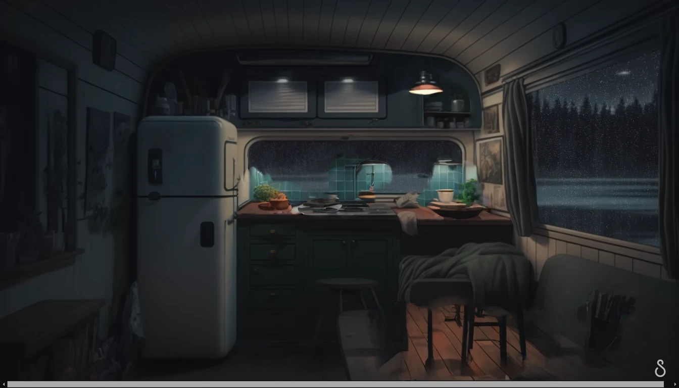 there is a small kitchen with a refrigerator and a table, interior background art, cozy wallpaper, lofi artstyle, background art, low detailed. digital painting, detailed lighting and textures, cozy home background, lo-fi illustration style, lofi art, immensely detailed scene, lofi aesthetic, detailed painting 4 k, 8k high quality detailed art, background artwork