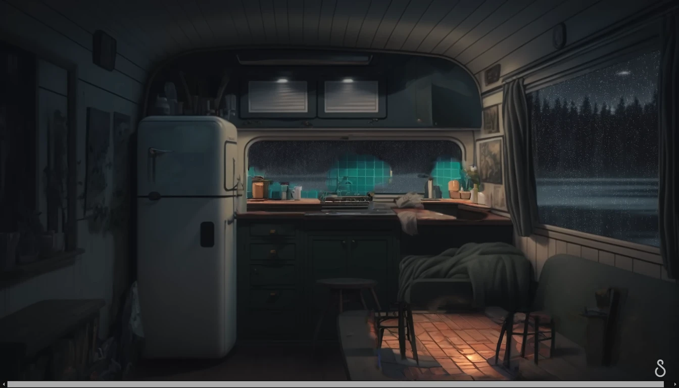 there is a small kitchen with a refrigerator and a table, interior background art, cozy wallpaper, lofi artstyle, background art, low detailed. digital painting, detailed lighting and textures, cozy home background, lo-fi illustration style, lofi art, immensely detailed scene, lofi aesthetic, detailed painting 4 k, 8k high quality detailed art, background artwork