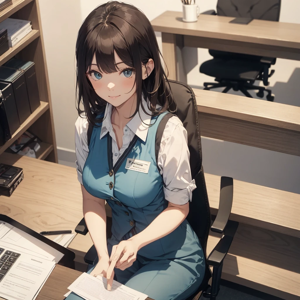 1lady solo, sitting, (from above), office worker, ((blue vest) over white dress shirt), mature female, /(dark brown hair/), kind smile, (masterpiece best quality:1.2) delicate illustration ultra-detailed, large breasts,  ((Brown pantyhose)),bowtie BREAK (modern office) indoors, (reception desk), entrance, detailed background