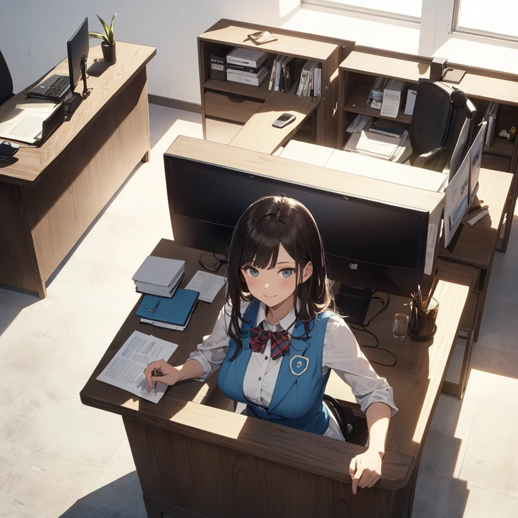 1lady solo, sitting, (from above), office worker, ((blue vest) over white dress shirt), mature female, /(dark brown hair/), kind smile, (masterpiece best quality:1.2) delicate illustration ultra-detailed, large breasts,bowtie BREAK (modern office) indoors, (reception desk), entrance, detailed background