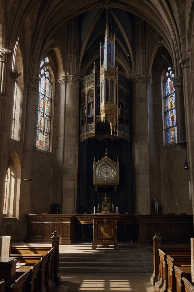 Realistic motion Image,  captivating montage of A 14th-century European church tower with a large mechanical clock, high angle shot, ambient light, detailed render, cinematic style, UHD