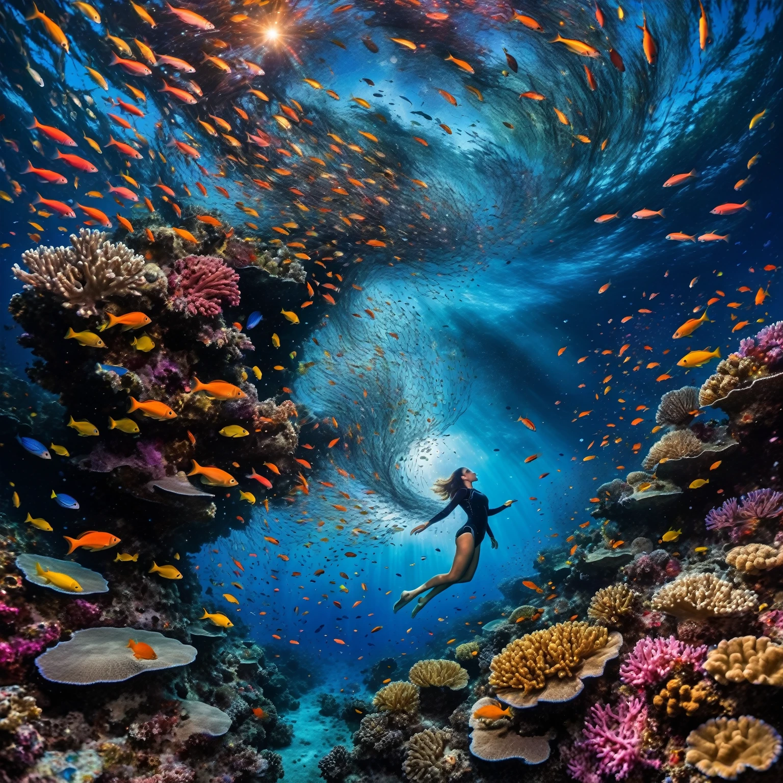 The image depicts a fairytale underwater scene where dazzling coral reefs mingle with a myriad of shimmering fish. A graceful woman diver swims explores the depths of a colorful coral reef, surrounded by small bioluminescent creatures that dance around her, leaving behind luminous trails, surrounded by a symphony of colors and aquatic life. Above the surface, a huge, enigmatic eye emerges from swirling cosmic waves, creating a striking contrast.  where the night sky merges with the ocean, dotted with glittering galaxies. The whole scene is bathed in an atmosphere of dreams and magic, where every element evokes a fantastic and wonderful universe, full of mystery and wonder.