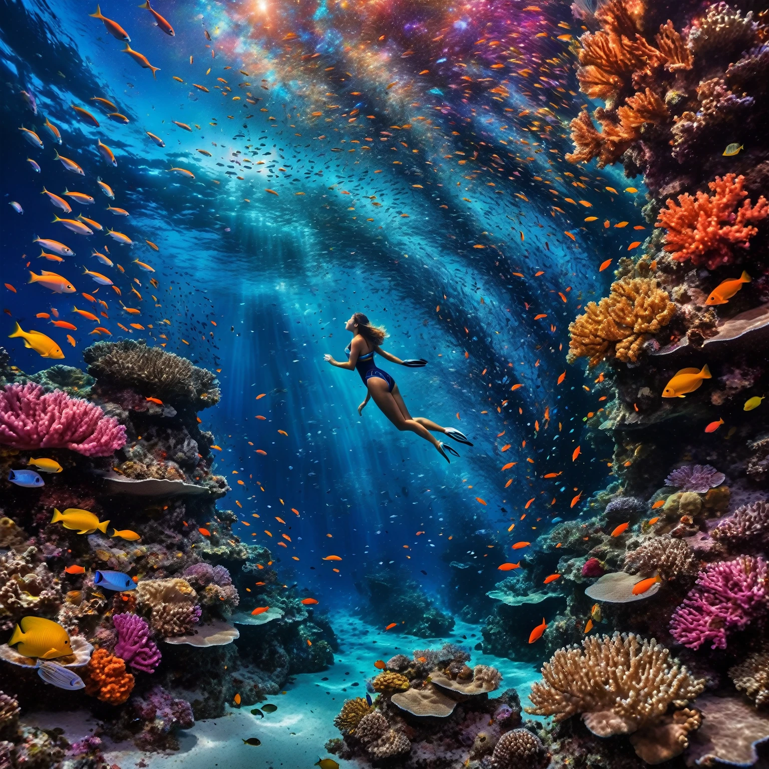 The image depicts a fairytale underwater scene where dazzling coral reefs mingle with a myriad of shimmering fish. A graceful woman diver swims explores the depths of a colorful coral reef, surrounded by small bioluminescent creatures that dance around her, leaving behind luminous trails, surrounded by a symphony of colors and aquatic life. Above the surface, a huge, enigmatic eye emerges from swirling cosmic waves, creating a striking contrast.  where the night sky merges with the ocean, dotted with glittering galaxies. The whole scene is bathed in an atmosphere of dreams and magic, where every element evokes a fantastic and wonderful universe, full of mystery and wonder.