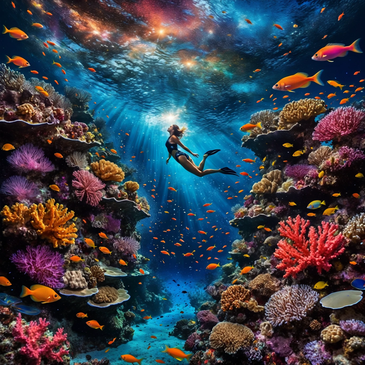 The image depicts a fairytale underwater scene where dazzling coral reefs mingle with a myriad of shimmering fish. A graceful woman diver swims explores the depths of a colorful coral reef, surrounded by small bioluminescent creatures that dance around her, leaving behind luminous trails, surrounded by a symphony of colors and aquatic life. Above the surface, a huge, enigmatic eye emerges from swirling cosmic waves, creating a striking contrast.  where the night sky merges with the ocean, dotted with glittering galaxies. The whole scene is bathed in an atmosphere of dreams and magic, where every element evokes a fantastic and wonderful universe, full of mystery and wonder.