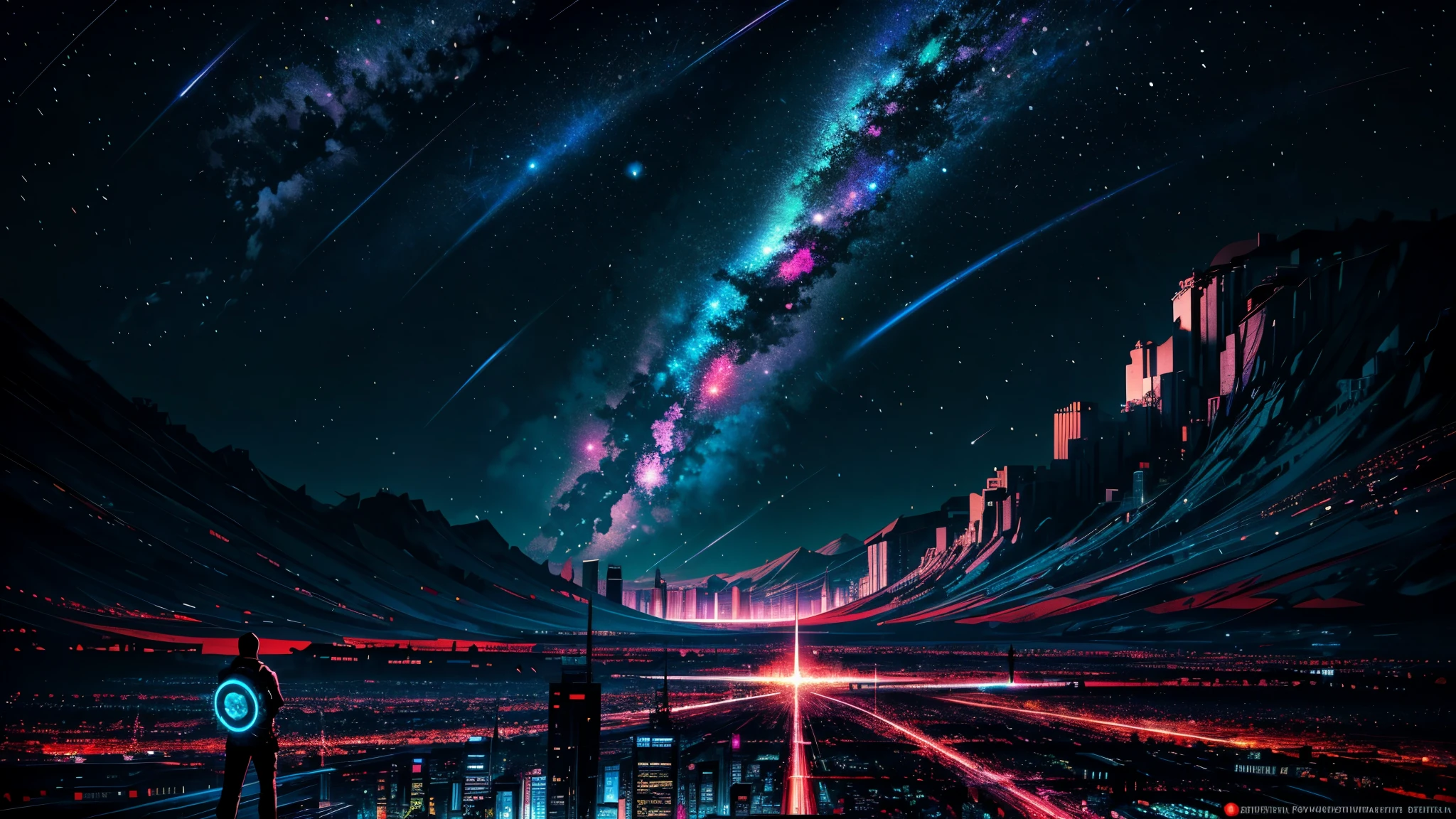 ((Nighttime psychedelic shooting star Sky))、man wearing a crusader armour looking at big city landscape, futuristic cyber City wallpaper 8K, art wallpaper 8K, wallpaper 8K, inspired by Cyril Rolando, in the style dan mumford artwork, amazing wallpapers, by Yuumei