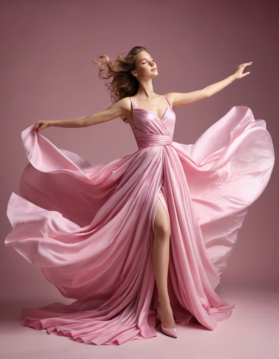 Realistic masterpiece woman in masterpiece dress, dress is flying fabric, simple pink back, beauty stock photoshoot, raw photo, 32k