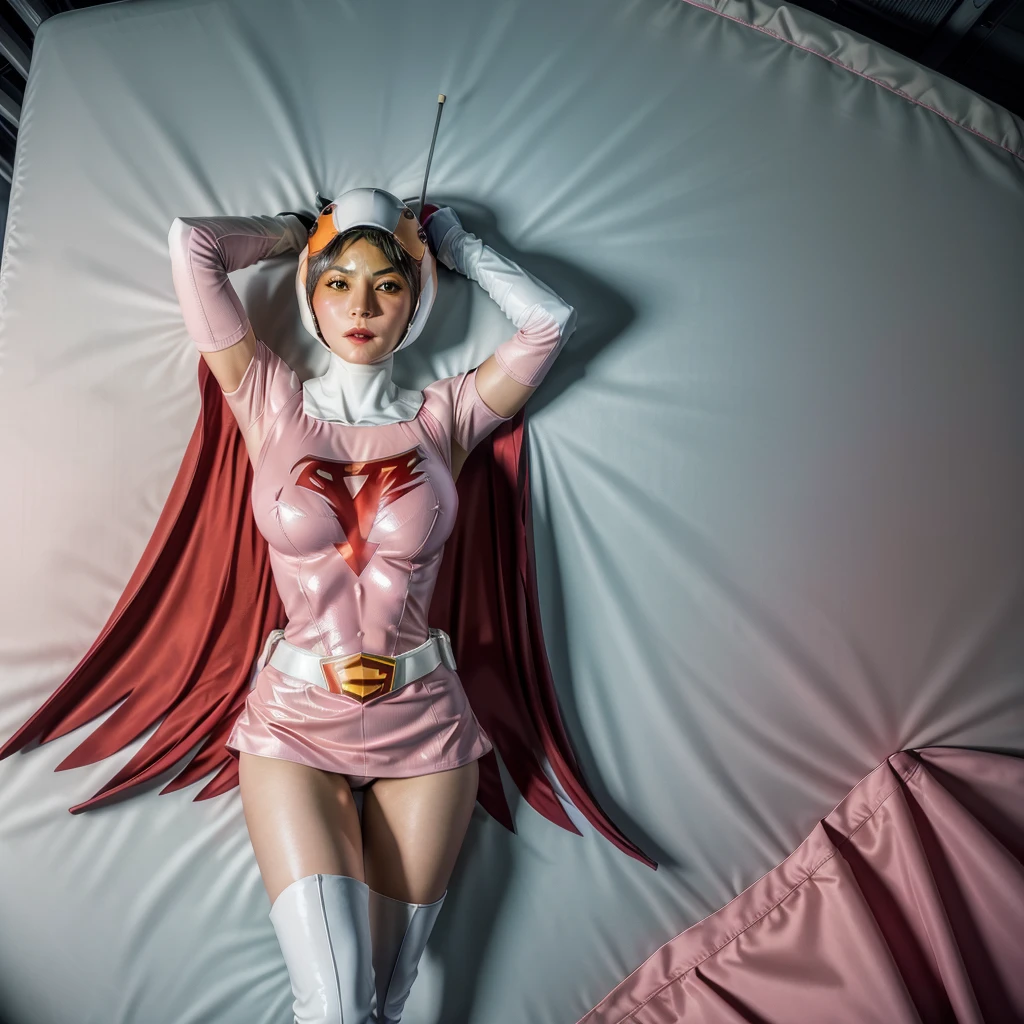 ANI_CLASSIC_jun_gatchaman_ownwaifu,1girl, ,good anatomy, masterpiece, best quality,realistic, hyperrealistic, 16k hdr, long hair,breasts,green eyes,lips,large breasts,lipstick,makeup,gloves,cape,helmet,belt,elbow gloves,white gloves,mask,ultra miniskirt,leotard,spacesuit,white tight overknee highheels boots,pink dress,superhero,bodysuit,cleavage,erected nipples,(lying flat poses, view from above),cameltoe