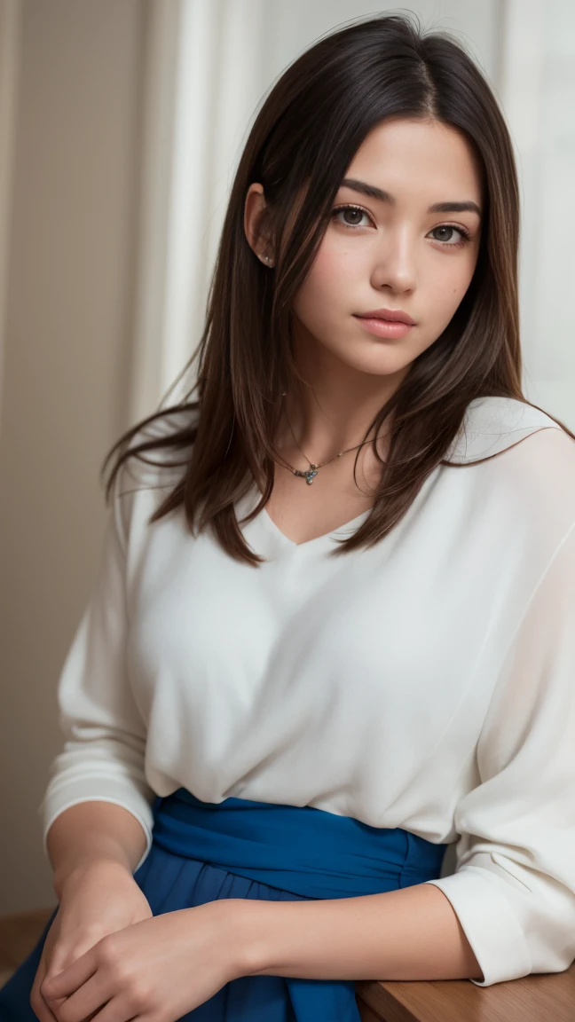 A highly detailed and realistic portrait of a young woman with long straight dark hair. She is wearing a traditional white outfit with a blue sash, looking directly at the camera with a gentle smile. The background is softly lit with warm tones, giving a cozy and inviting atmosphere.