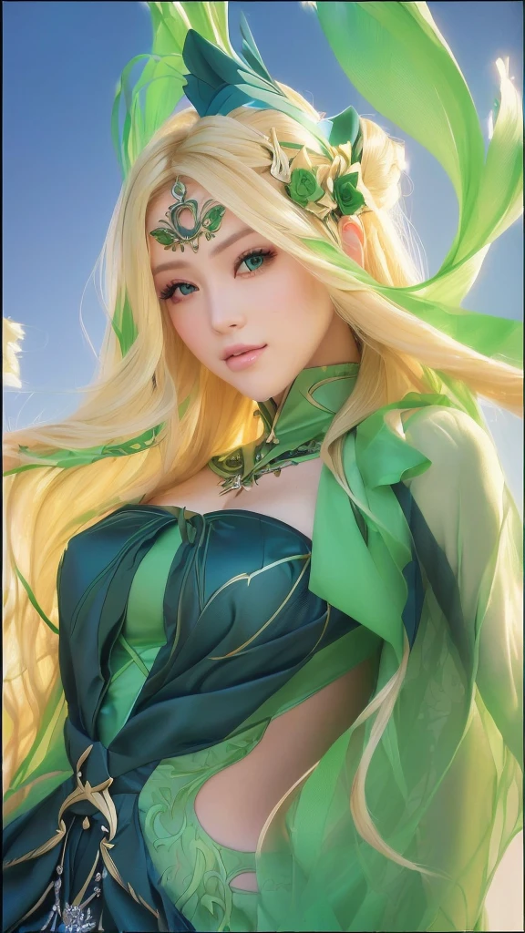 Beautiful woman with long blonde hair and a green dress, extremely detailed artgerm, portrait knights of zodiac girl, ! dream artgerm, artgerm lau, style artgerm, ig model | artgerm, artgerm style, goddess of nature, artgerm detailed, style of artgerm, artgerm jsc, realistic