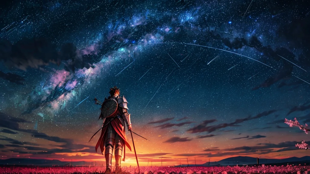 1man, distant man wearing a crusader armour staring at the stars, (zoomed out:1.1), (meteor shower:1.2), (comet:1.1), your name, low angle, from behind, aroura borealis, shooting star, yukata, red armour, cherry blossoms, standing in a field,best quality, masterpiece, cloud,colorful, starry,stars,