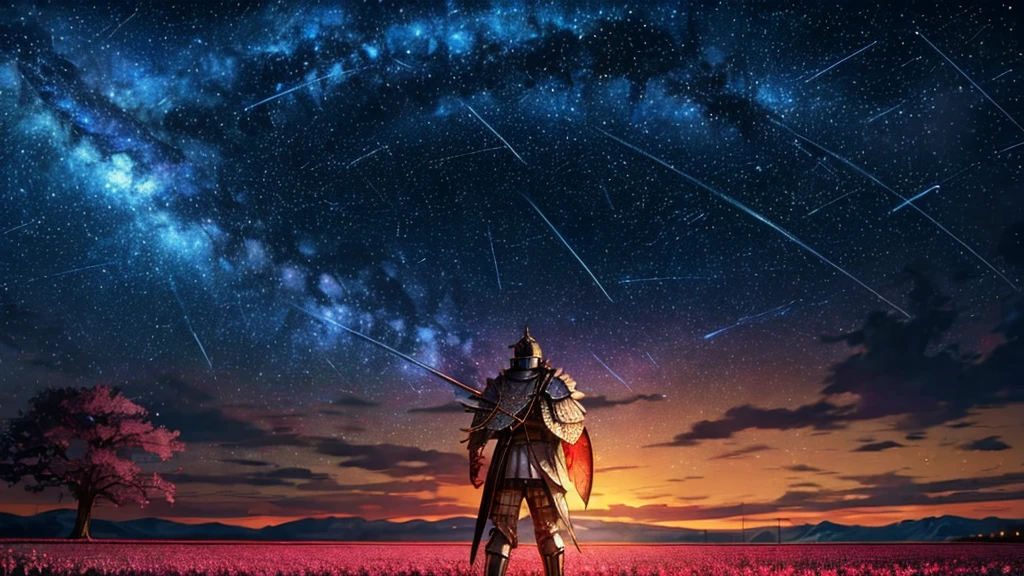 1man, distant man wearing a crusader armour staring at the stars, (zoomed out:1.1), (meteor shower:1.2), (comet:1.1), your name, low angle, from behind, aroura borealis, shooting star, yukata, red armour, cherry blossoms, standing in a field,best quality, masterpiece, cloud,colorful, starry,stars,