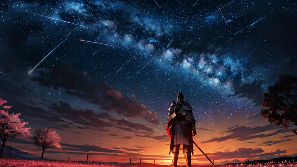 1man, distant man wearing a crusader armour staring at the stars, (zoomed out:1.1), (meteor shower:1.2), (comet:1.1), your name, low angle, from behind, aroura borealis, shooting star, yukata, red armour, cherry blossoms, standing in a field,best quality, masterpiece, cloud,colorful, starry,stars,